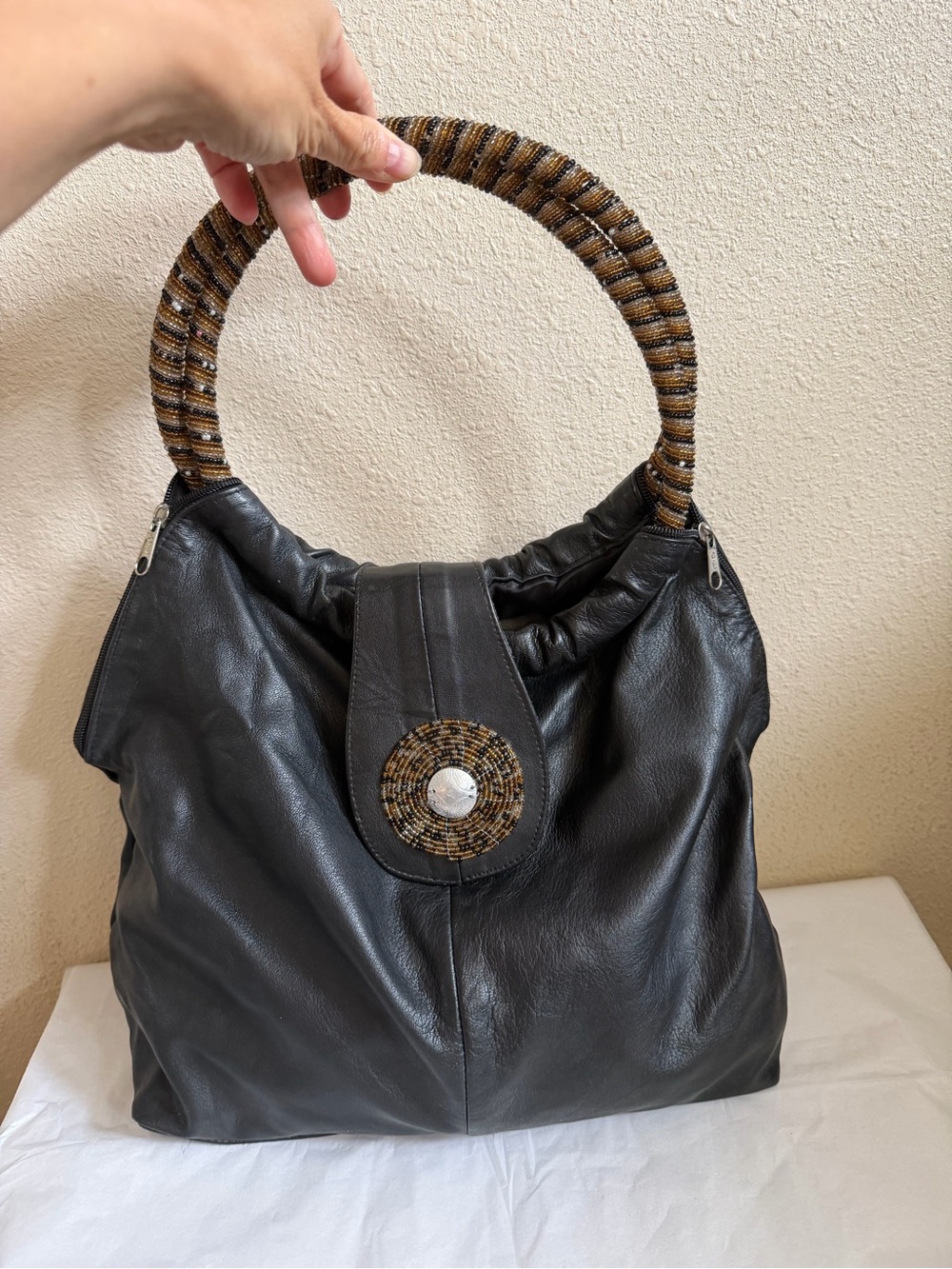 Vintage Genuine Soft Slouchy Black Leather Beaded Handle Hobo Unique Boho Purse